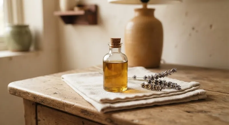 Um frasco de óleo de massagem ao lado de linho dobrado