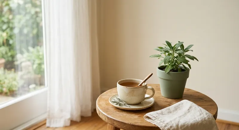 Uma chávena de chá e uma planta numa pequena mesa de apoio