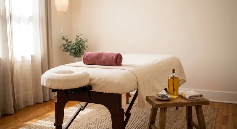 Uma marquesa de massagem com uma toalha enrolada e um frasco de óleo em luz suave