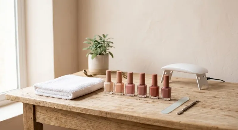 Uma mesa de manicure com uma fila de vernizes nude e uma pequena toalha
